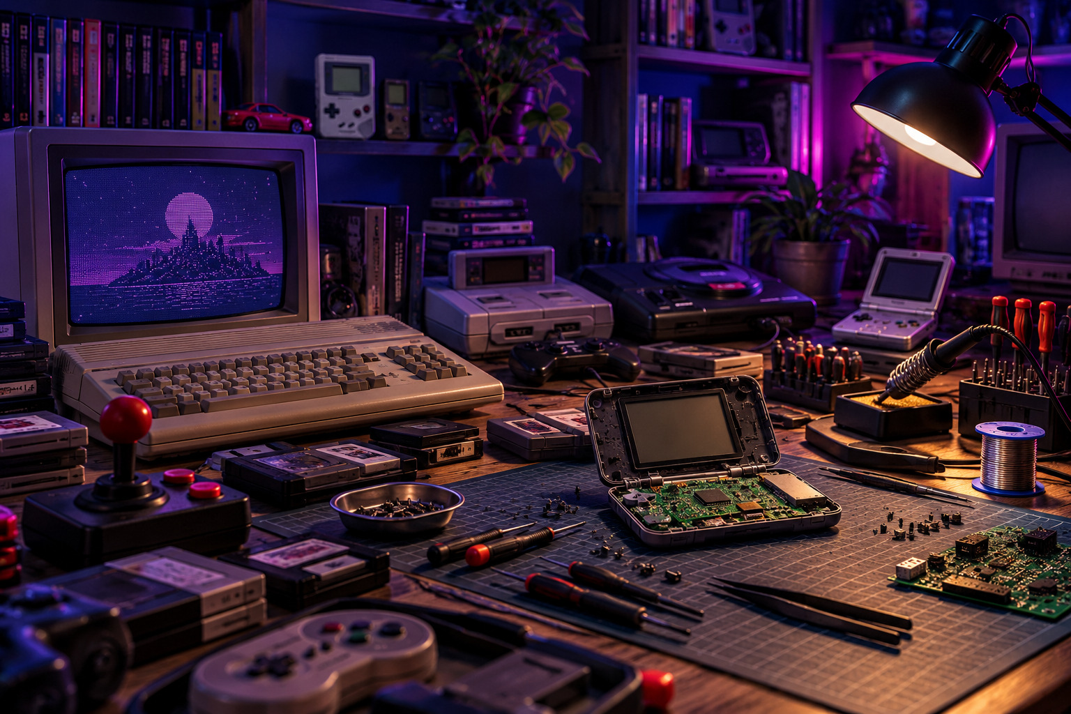 PiMyRetro workshop: retro computer, console and handheld hardware being repaired and modified